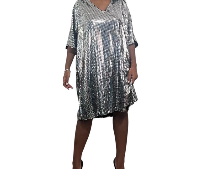 Silver Sparkle Kaftan Caftan Sequin Dress with Satin Tie Back