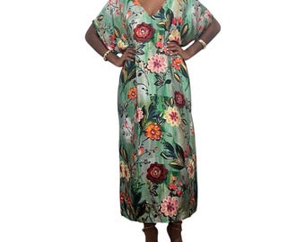 Geblümtes Seiden Kaftan Maxi Kleid mit V-Ausschnitt