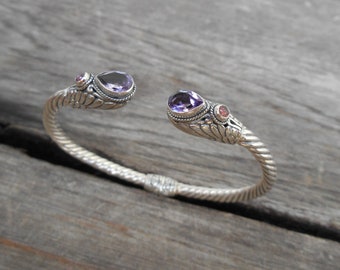 Solid Silver sterling Amethyst gemstone bangle bracelet, Silver Handmade bracelet