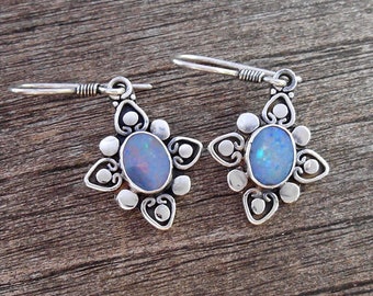 Sterling silver opal doublet dangle earrings, Balinese handmade earrings, 3.5 cm long, Opal