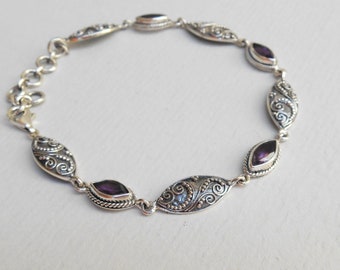 Solid Silver sterling Amethyst gemstone bangle bracelet, Silver Handmade women bracelet, length 17 cm - 19.50 cm