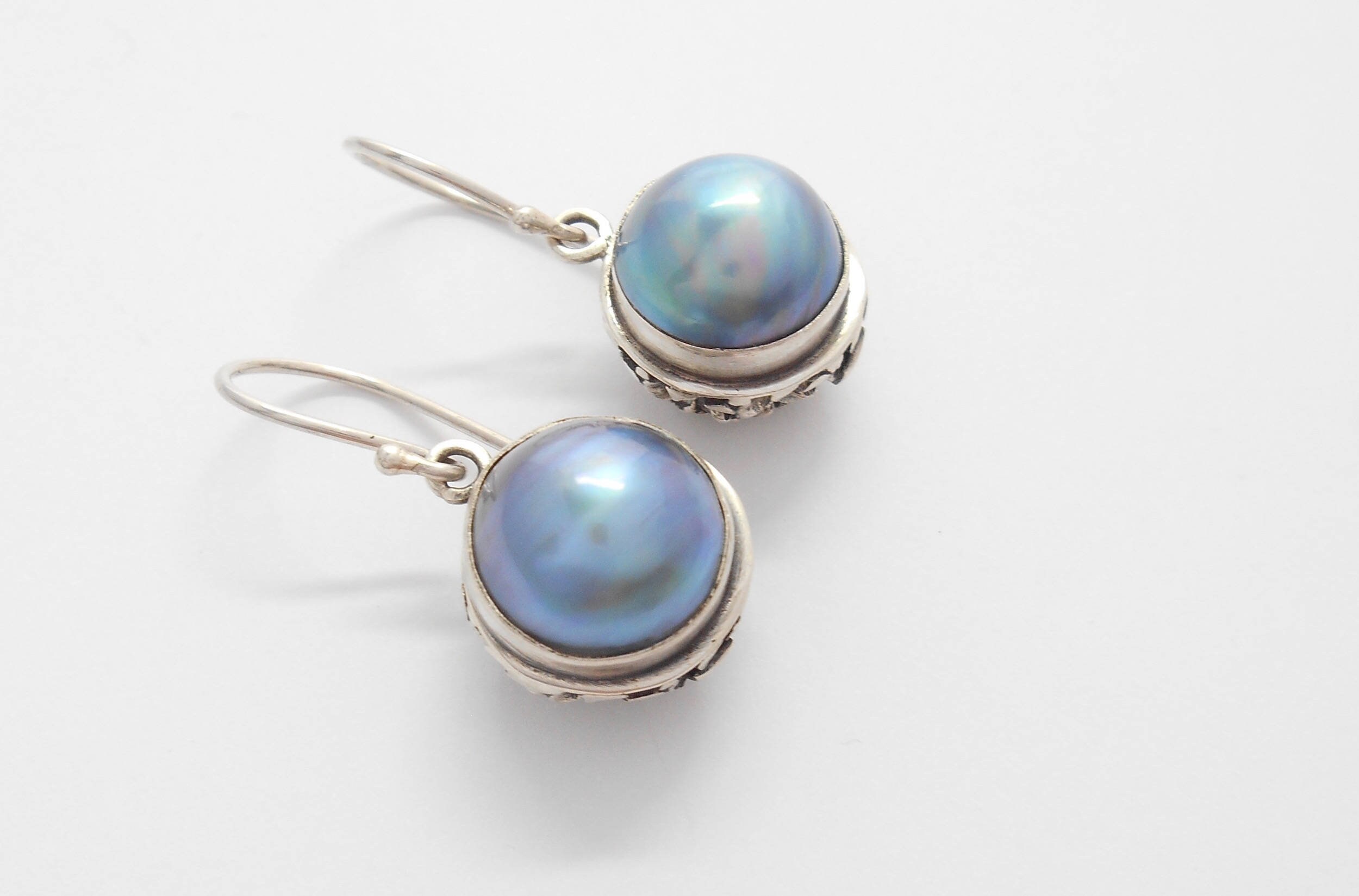 Striking Sterling Silver blue mabe Pearl Dangle Earrings Etsy