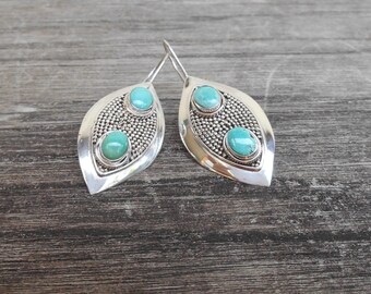 Superbes boucles d'oreilles en argent sterling avec double pierre turquoise, créoles faites main, longueur : 5,2 cm