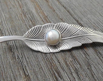 Unique sterling silver leaf floral design freshwater pearl brooch, Elegant silver Brooch, pearl