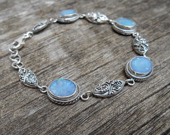 Silver sterling genuine blue opal doublet gemstones bracelet, opal gemstone, length on request