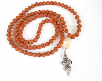 Mala Rudraksha 108 bead Silver 925 with Citrine gemstone & Balinese OM pendant with round citrine / 34 inches long