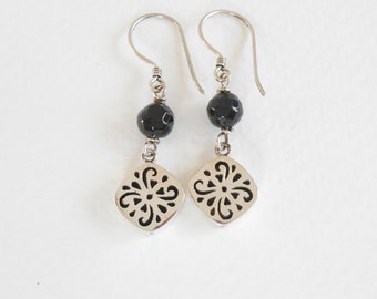 Dazzling Sterling Silver black onyx bead dangle Earrings, silver dangle earrings length: 40 mm.