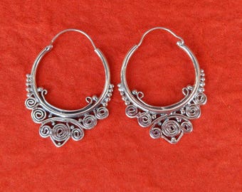 Solid Silver granulation technique Balinese pattern Hoop Earrings/ Handmade women hoop earrings length: 33 mm.