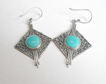 Élégantes boucles d'oreilles pendantes en argent sterling véritable turquoise, longueur 4 cm