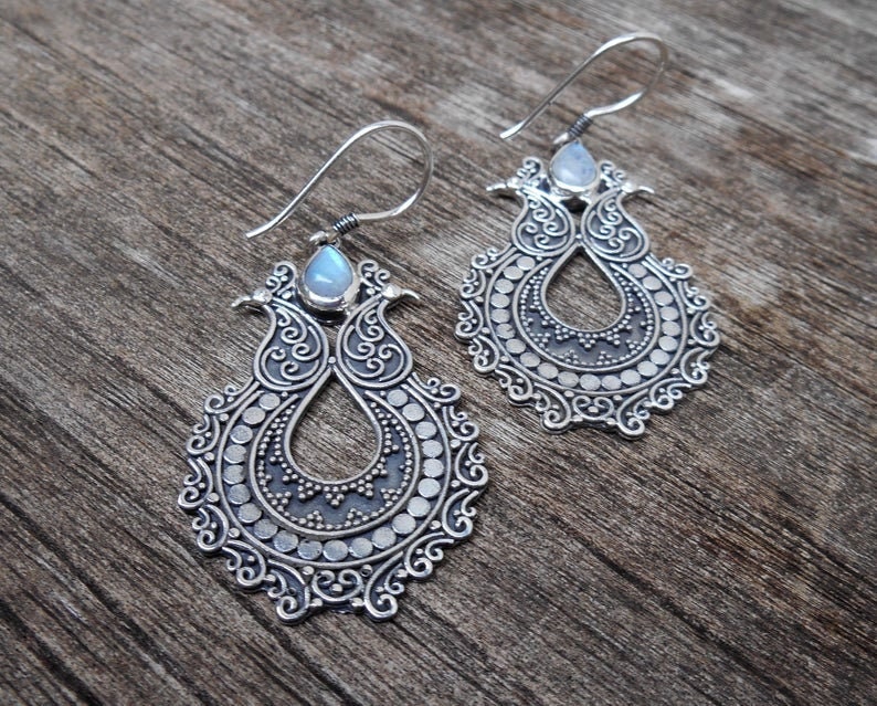 Elegant Silver silver Moonstone gemstone dangle earrings | Etsy