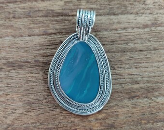 Sterling silver double Blue opal pendant, unique item Bali handmade silver Jewelry, height: 1.75 inches