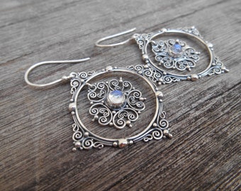 Boucles d'oreilles pendantes en argent, pierres précieuses, cercles, boucles d'oreilles pendantes en argent, cadeaux de bijoux faits main, 48 mm. longue