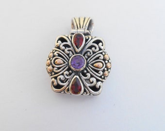 Sterling Silver purple Amethyst red Garnet gemstone yellow Gold Pendant, silver Pendant 30x20 mm., Bali Handmade silver jewelry