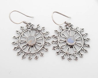 Balinese Sterling Silver Moonstone gemstone dangle Earrings , silver dangle handmade silver Jewelry length 42mm.
