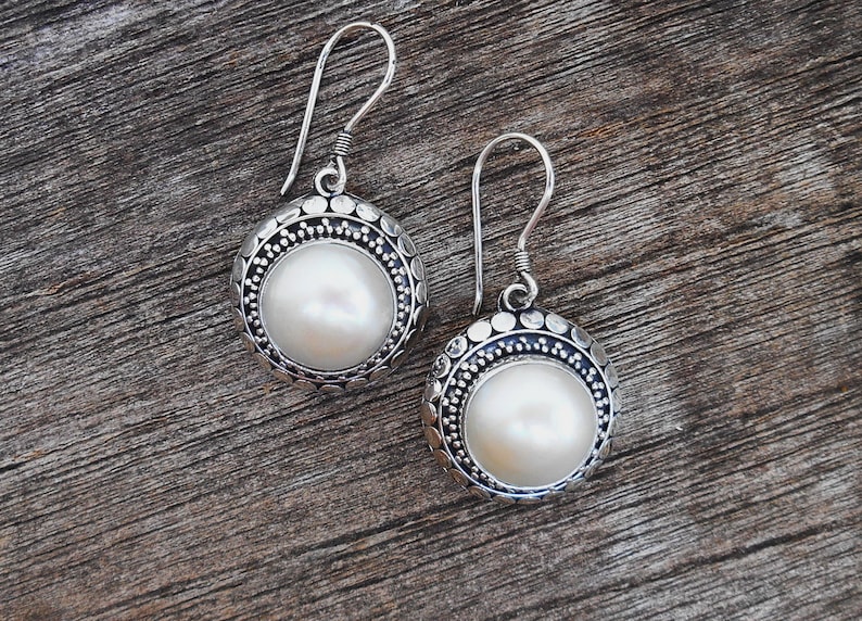 women handmade earrings Awesome Sterling Silver white ocean Mabe Pearl Earrings Jewelry Gift Monday Birthstone silver earrings dangle