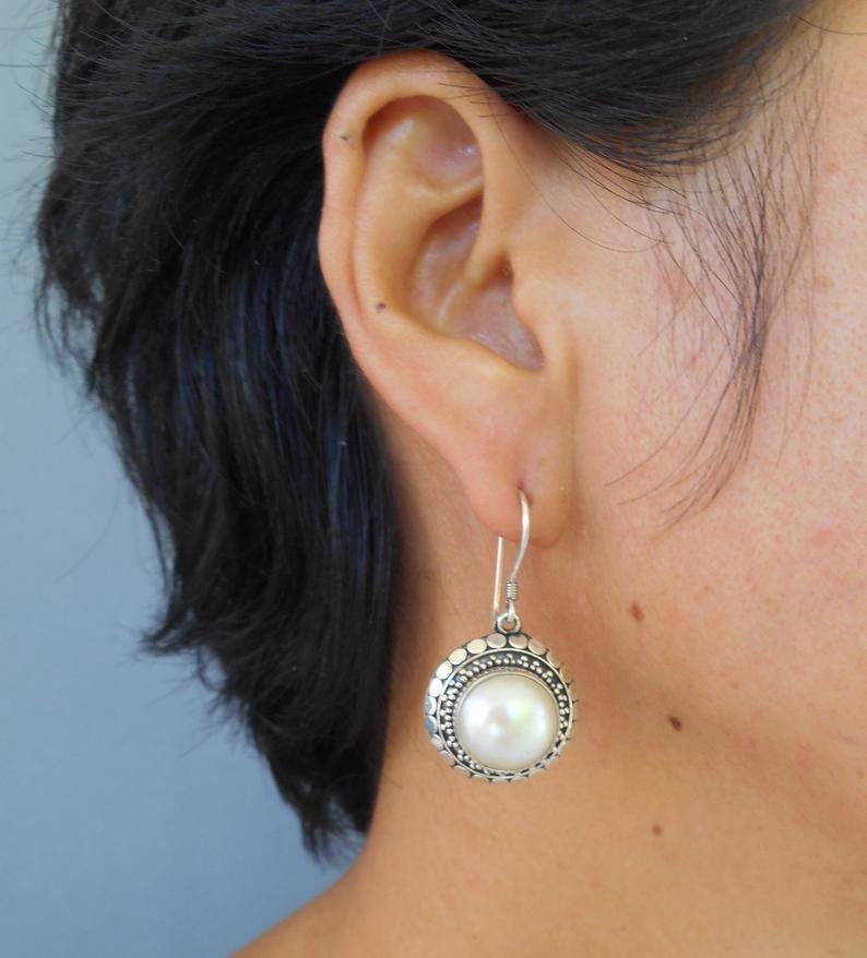 women handmade earrings Awesome Sterling Silver white ocean Mabe Pearl Earrings Jewelry Gift Monday Birthstone silver earrings dangle