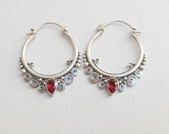 Awesome Sterling Silver garnet gemstones Hoop Earrings, Handmade gemstone jewelry. 3.5 cm long