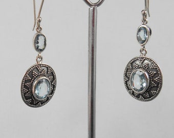 Sterling silver dangle earrings Topaz gemstone, Balinese silver handmade earrings length 47 mm.