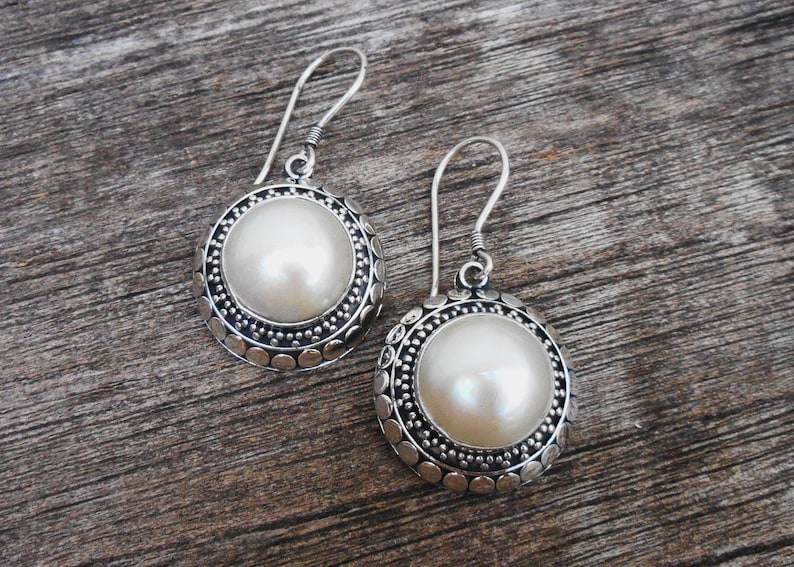 women handmade earrings Awesome Sterling Silver white ocean Mabe Pearl Earrings Jewelry Gift Monday Birthstone silver earrings dangle