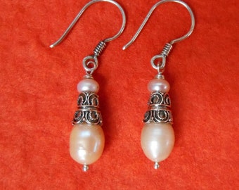 Beautiful Silver sterling white Pearl Dangle Earrings / sterling silver dangle earrings, handmade silver jewelry gift women