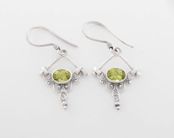 Sterling Silver Peridot gemstone dangle earrings , Green peridot, Balinese handmade silver earrings length: 40 mm.