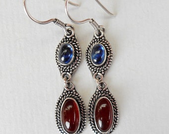 Sterling Silver Carnelian Kyanite gems dangle Earrings / 2 inches long / handmade jewelry gift silver dangle women earring