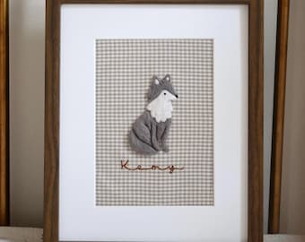 Custom needle-felted wolf with name embroidery. Handmade nursery decor, baby shower gift