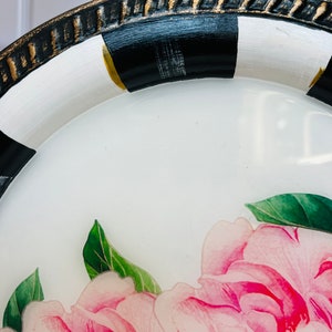 Decorative tray with hand painted black and white, gold accents, and Peonies with resin.