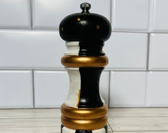 Black and white, hand painted wood pepper mill