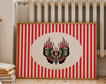 Twin Flame Tattoo Art Print: Vintage Butterfly, Red Stripes (Digital Download)