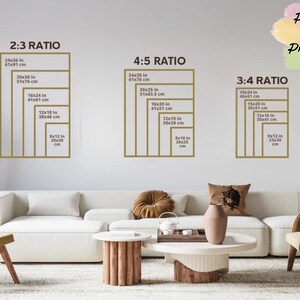 May include: Image displaying three aspect ratios for wall art prints, including 2:3, 4:5, and 3:4, with dimensions in inches and centimetres. The image also features the text "Pearly and Printing".