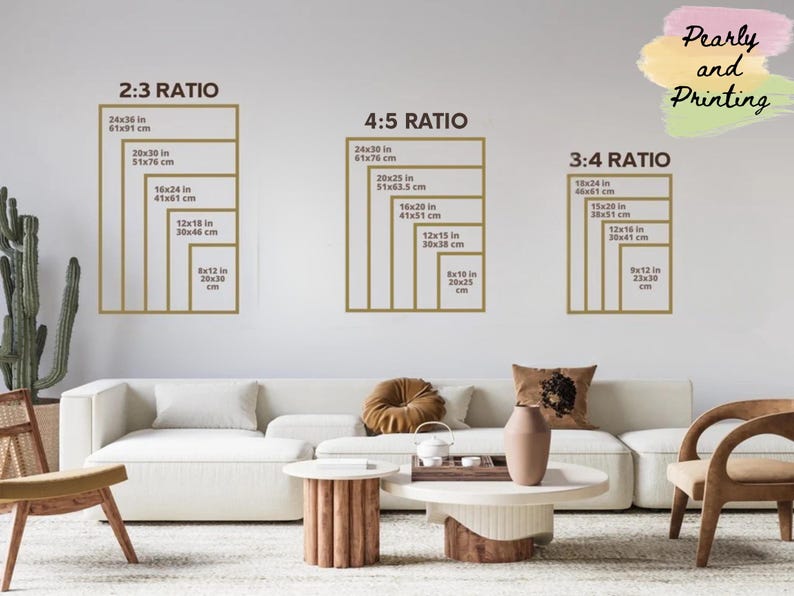 May include: Image displaying three aspect ratios for wall art prints, including 2:3, 4:5, and 3:4, with dimensions in inches and centimetres. The image also features the text "Pearly and Printing".