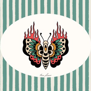 May include: A vibrant butterfly illustration with flames, set on a striped background. The butterfly's wings are black, teal, red, and yellow. The design is reminiscent of traditional tattoo art.