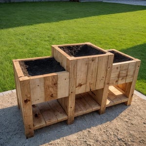 May include: Three wooden raised garden beds with soil, made from light-coloured planks. Each bed has a rectangular shape and is elevated on legs with a lower shelf. The beds are arranged in a stepped configuration, suitable for outdoor gardening.