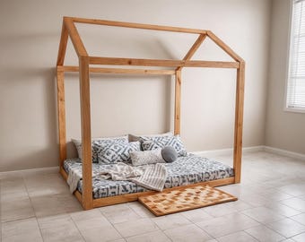 Plan łóżka w stylu domku dla bliźniaków, łóżko piętrowe Montessori DIY, obróbka drewna (pobierz plik PDF)