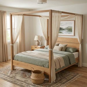 May include: A light wood four-poster bed with cream-colored curtains and sage green bedding. The bed is in a well-lit room with a framed landscape painting above the headboard. A woven basket sits at the foot of the bed.