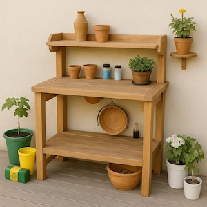 May include: A wooden potting bench with multiple shelves and a lower storage area. It holds various terracotta pots, a hanging bowl, and small plants. A green potted plant and a yellow cup are on the left.