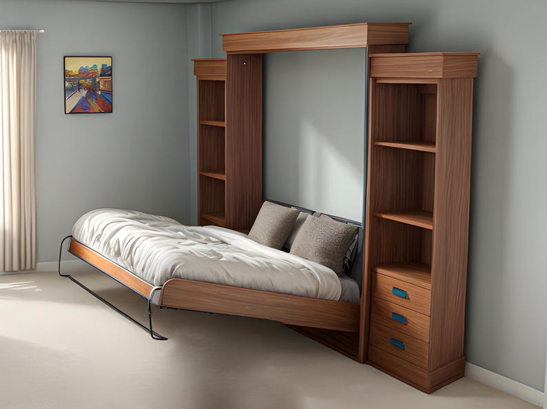 K&ouml;nnte beinhalten: Ein h&ouml;lzernes Wandbett mit integrierten B&uuml;cherregalen und Schubladen. Das Bett ist teilweise heruntergeklappt und zeigt eine wei&szlig;e Bettdecke und Kissen. Die umgebenden Schr&auml;nke sind in warmem Braun gehalten, mit blauen Schubladengriffen. Ein Gem&auml;lde h&auml;ngt an der Wand.