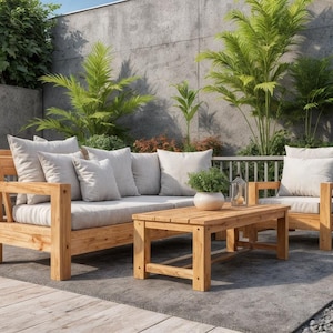 Puede incluir: Juego de muebles de jardín de madera con sofá, sillón y mesa de centro. El sofá y el sillón tienen cojines y almohadas de color claro. La mesa de centro es rectangular. El conjunto está sobre un patio gris.