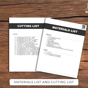 K&ouml;nnte beinhalten: Zwei wei&szlig;e Papierb&ouml;gen mit schwarzem Text auf einer Holzoberfl&auml;che. Auf einem Bogen steht "CUTTING LIST" und auf dem anderen "MATERIALS LIST". Der untere Teil des Bildes lautet "MATERIALS LIST AND CUTTING LIST". Das Logo von Right DIY Plans befindet sich in der oberen rechten Ecke.