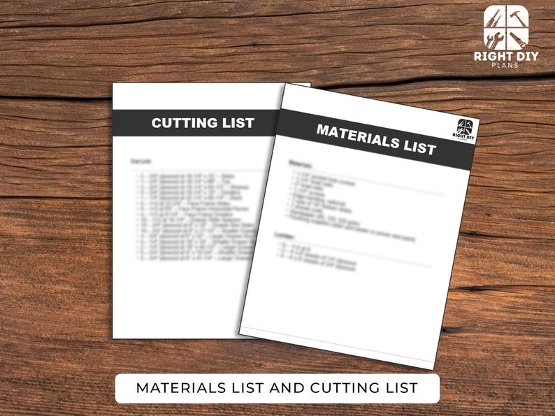 K&ouml;nnte beinhalten: Zwei wei&szlig;e Papierb&ouml;gen mit schwarzem Text auf einer Holzoberfl&auml;che. Auf einem Bogen steht "CUTTING LIST" und auf dem anderen "MATERIALS LIST". Der untere Teil des Bildes lautet "MATERIALS LIST AND CUTTING LIST". Das Logo von Right DIY Plans befindet sich in der oberen rechten Ecke.