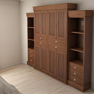 K&ouml;nnte beinhalten: Ein gro&szlig;er Holzschrank in warmem Braun mit mehreren T&uuml;ren, Schubladen und offenen Regalen. Das Design ist traditionell, mit silbernen Griffen und Kn&ouml;pfen. Dieses stattliche M&ouml;belst&uuml;ck w&auml;re ein Blickfang in jedem Raum.