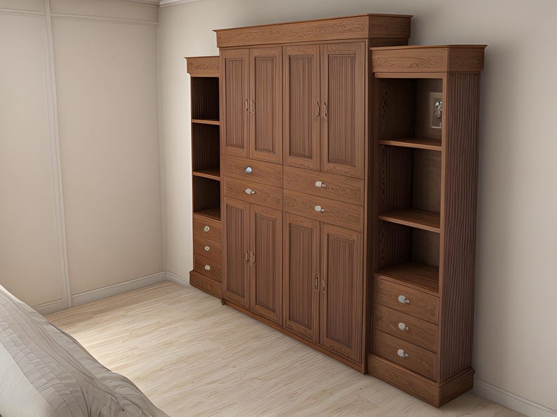 K&ouml;nnte beinhalten: Ein gro&szlig;er Holzschrank in warmem Braun mit mehreren T&uuml;ren, Schubladen und offenen Regalen. Das Design ist traditionell, mit silbernen Griffen und Kn&ouml;pfen. Dieses stattliche M&ouml;belst&uuml;ck w&auml;re ein Blickfang in jedem Raum.