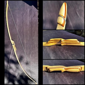 Longbow, Maple core with custom handmade Walnut and maple Layers for Handle and Nocks. Shoots 46# @ 29" draw. 72" Tall