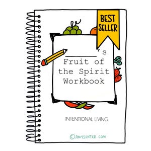 May include: A black and white illustrated workbook with a spiral binding. The cover features a pencil, fruit, and the text "Fruit of the Spirit Workbook" and "Intentional Living". A yellow banner with the text "BEST SELLER" is at the top right corner.