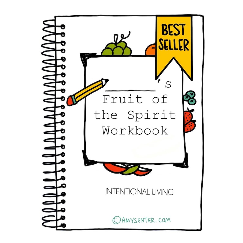 May include: A black and white illustrated workbook with a spiral binding. The cover features a pencil, fruit, and the text "Fruit of the Spirit Workbook" and "Intentional Living". A yellow banner with the text "BEST SELLER" is at the top right corner.