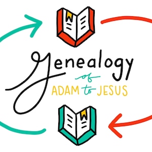 May include: A black and white illustration of a genealogy of Adam to Jesus. The illustration features two open books with red and green covers and arrows pointing in opposite directions.
