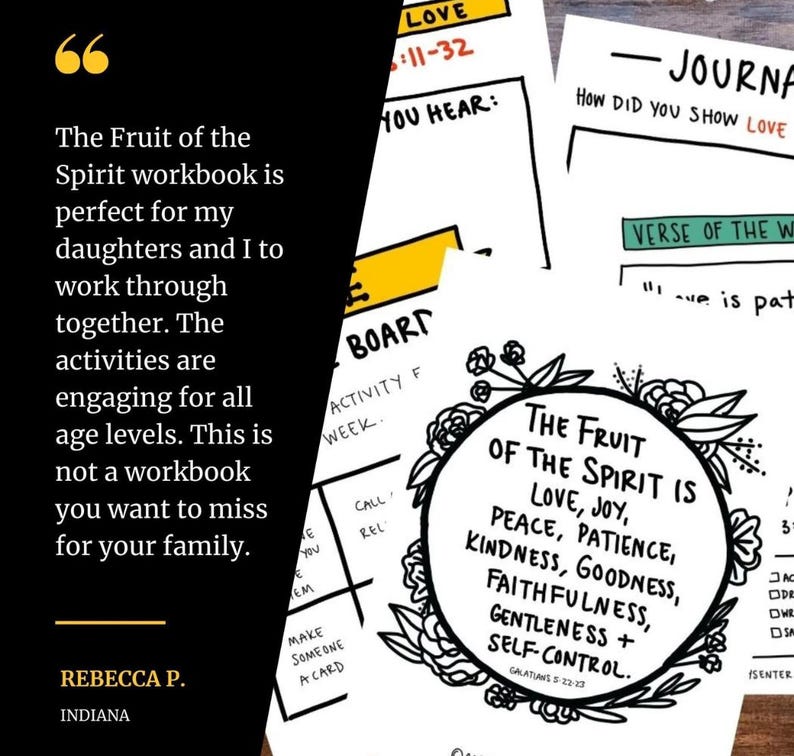 May include: A black and white image of a workbook titled "The Fruit of the Spirit is" with a floral design around the title. The workbook includes a list of the fruits of the spirit: love, joy, peace, patience, kindness, goodness, faithfulness, gentleness, and self-control. The text "Galatians 5:22-23" is included below the list.