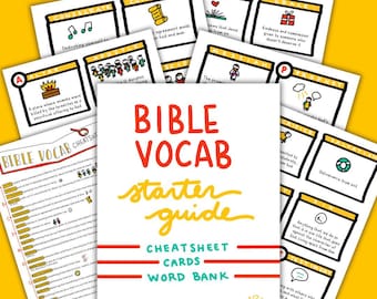 May include: A set of Bible vocabulary flashcards and a starter guide. The cards display colourful illustrations and key terms such as "Covenant" and "Gospel." The guide is titled "Bible Vocab Starter Guide" with "Cheat Sheet Cards" and "Word Bank" below.