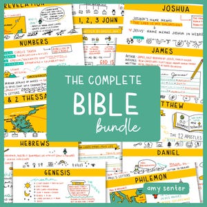May include: A colorful Bible study bundle with handwritten notes and illustrations. The title "The Complete Bible Bundle" is displayed on a teal background. Various books of the Bible are featured, including Joshua, James, and Hebrews.